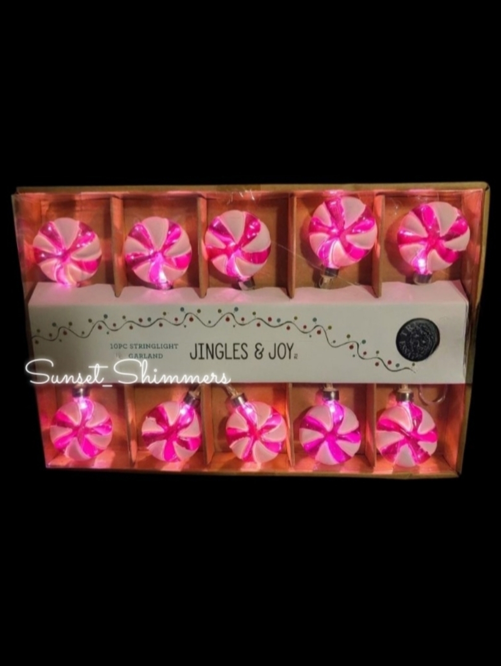 10pc Vintage String Light Garland 10' Pink Peppermint Candy Cane Swirl New